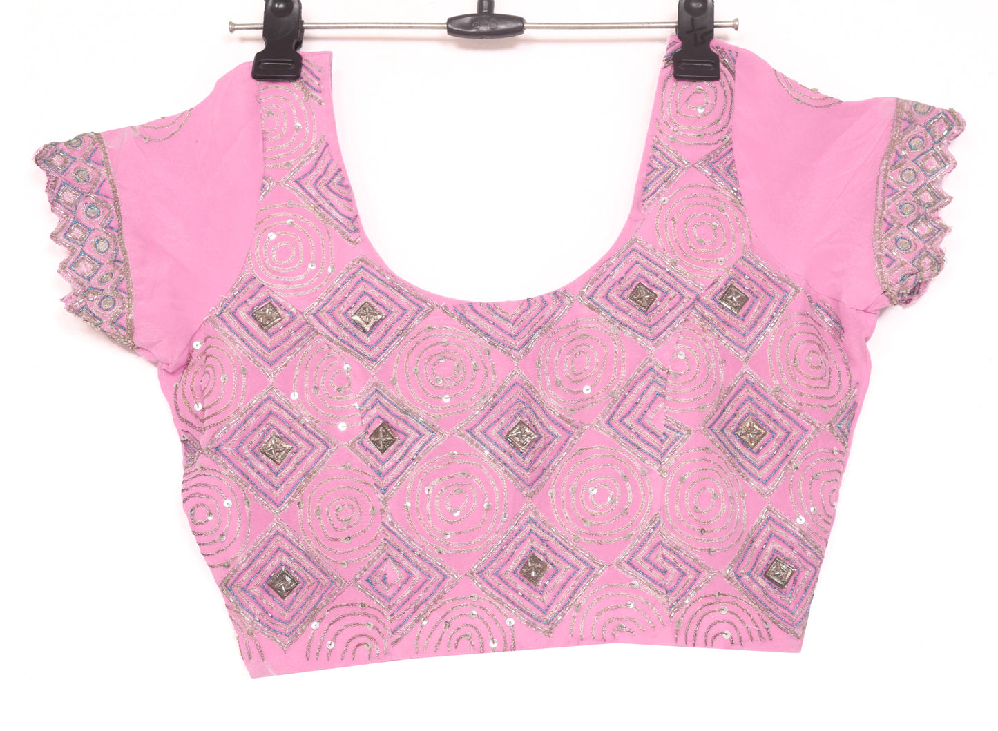 Sushila Vintage Readymade 32" Padded Sari Blouse Pink Hand Beaded Crepe Top