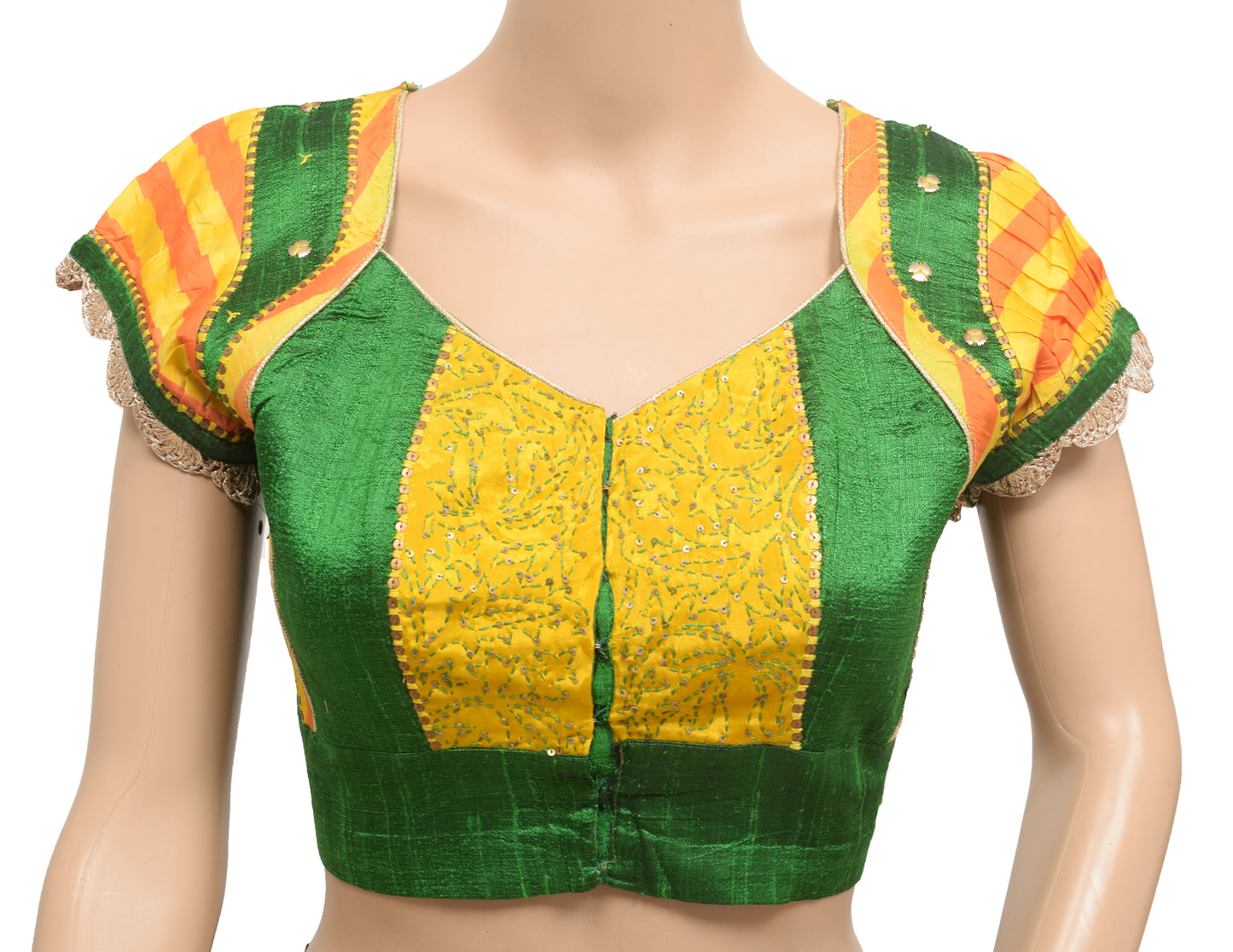 Sushila Vintage 36" Green Patch Work Readymade Stitched Sari Blouse Designer Choli
