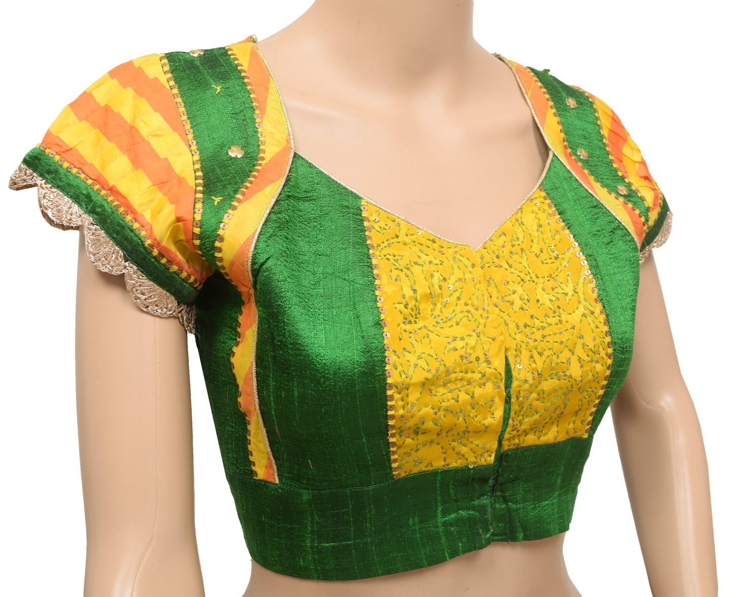Sushila Vintage 36" Green Patch Work Readymade Stitched Sari Blouse Designer Choli