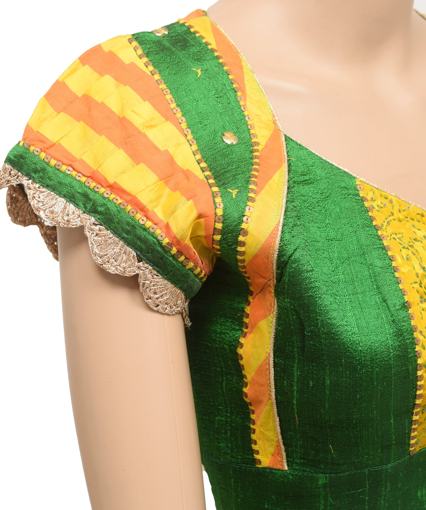 Sushila Vintage 36" Green Patch Work Readymade Stitched Sari Blouse Designer Choli