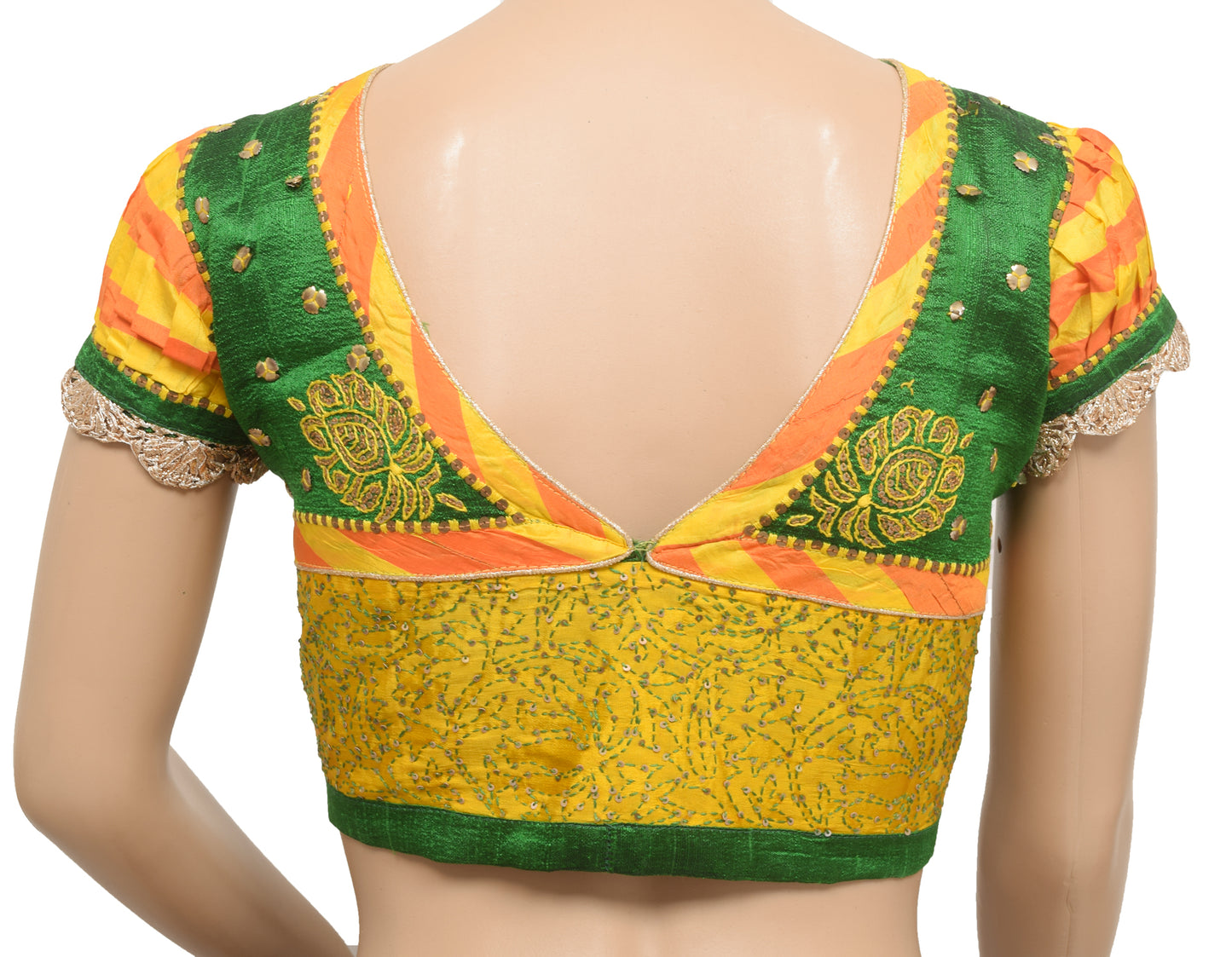 Sushila Vintage 36" Green Patch Work Readymade Stitched Sari Blouse Designer Choli