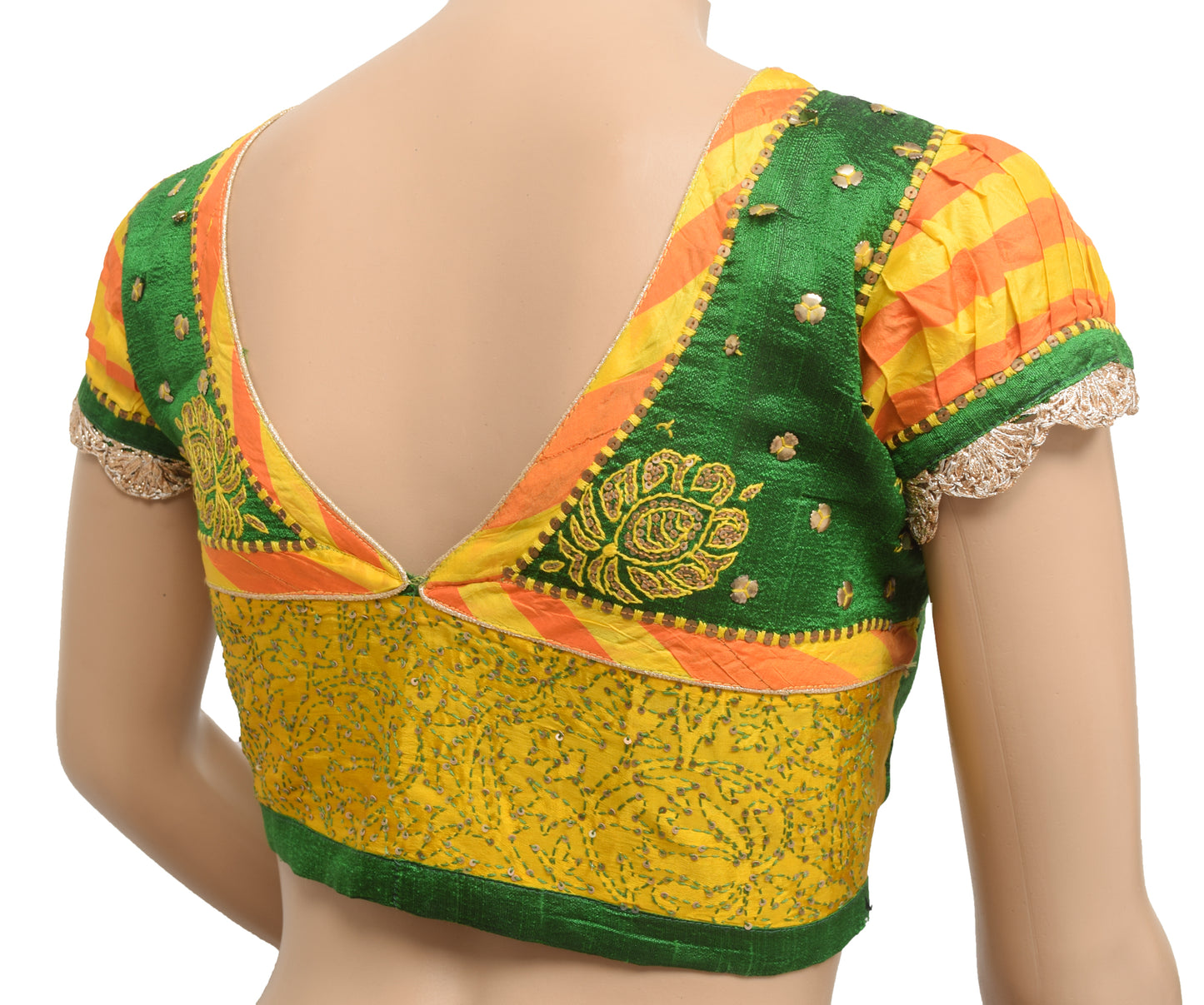 Sushila Vintage 36" Green Patch Work Readymade Stitched Sari Blouse Designer Choli