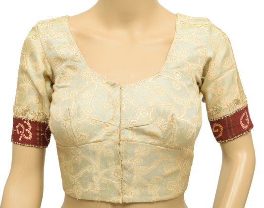 Sushila Vintage Floral Readymade 32"Sari Blouse Tissue Woven Designer Top