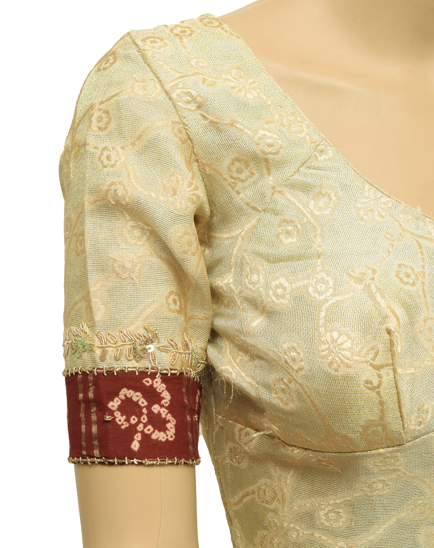 Sushila Vintage Floral Readymade 32"Sari Blouse Tissue Woven Designer Top