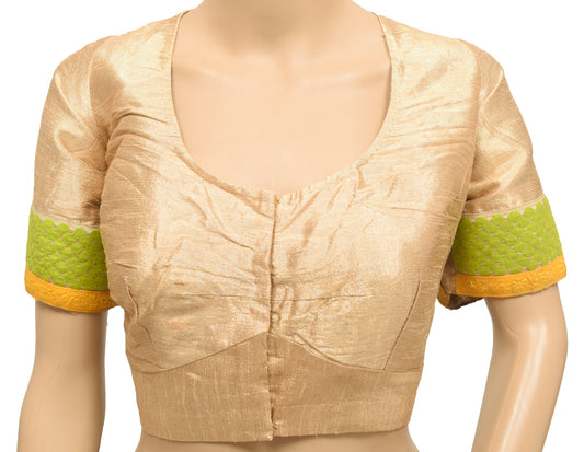 Sushila Vintage Golden Readymade Stitched Silk Sari Blouse Woven Designer Choli 48"