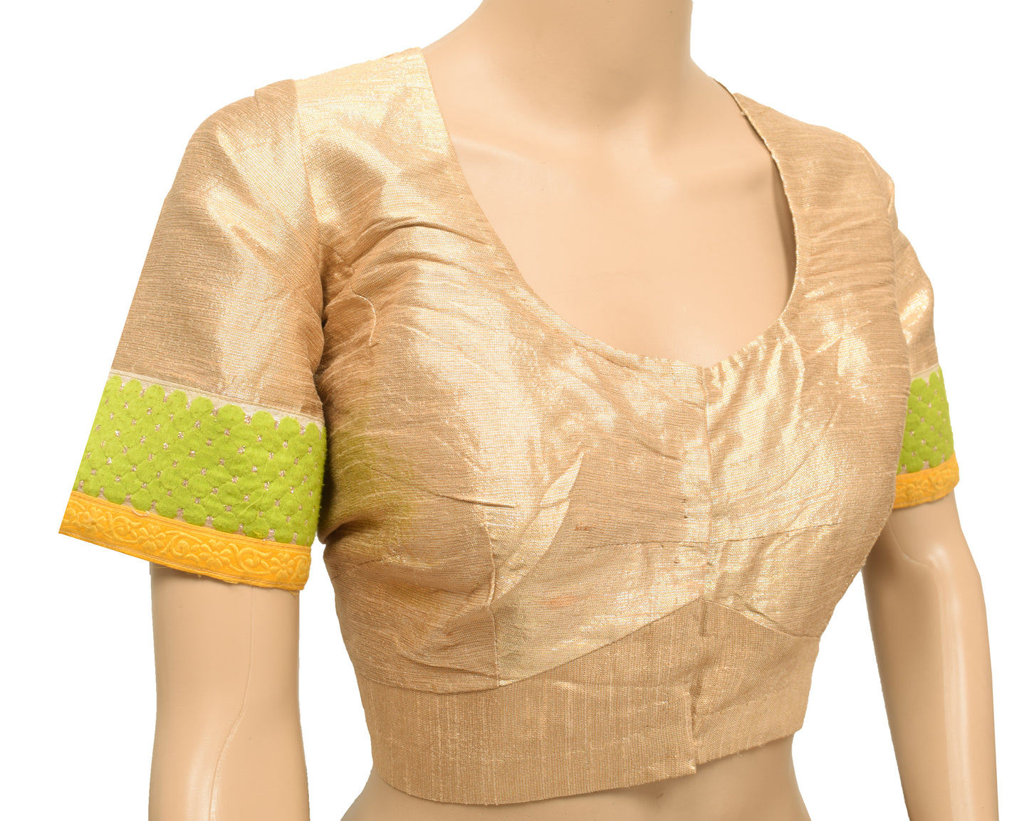 Sushila Vintage Golden Readymade Stitched Silk Sari Blouse Woven Designer Choli 48"