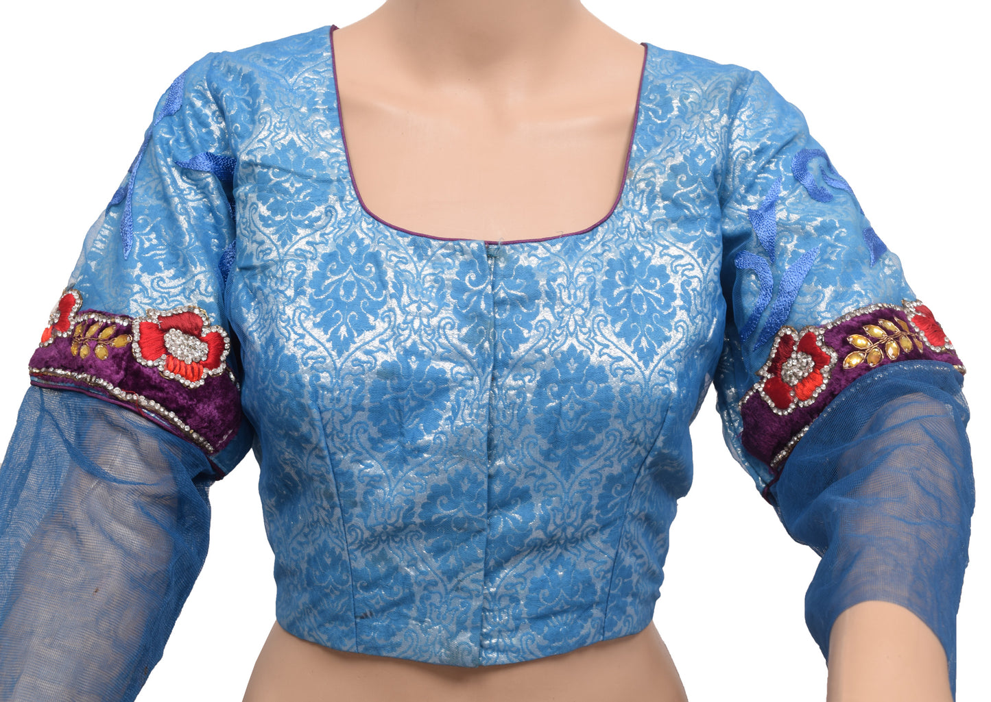 Sushila Vintage Blue Net Readymade Stitched Sari Blouse Hand Beaded Designer Top 40"