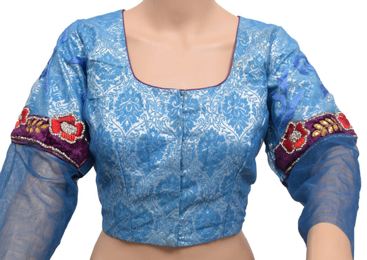 Sushila Vintage Blue Net Readymade Stitched Sari Blouse Hand Beaded Designer Top 40"
