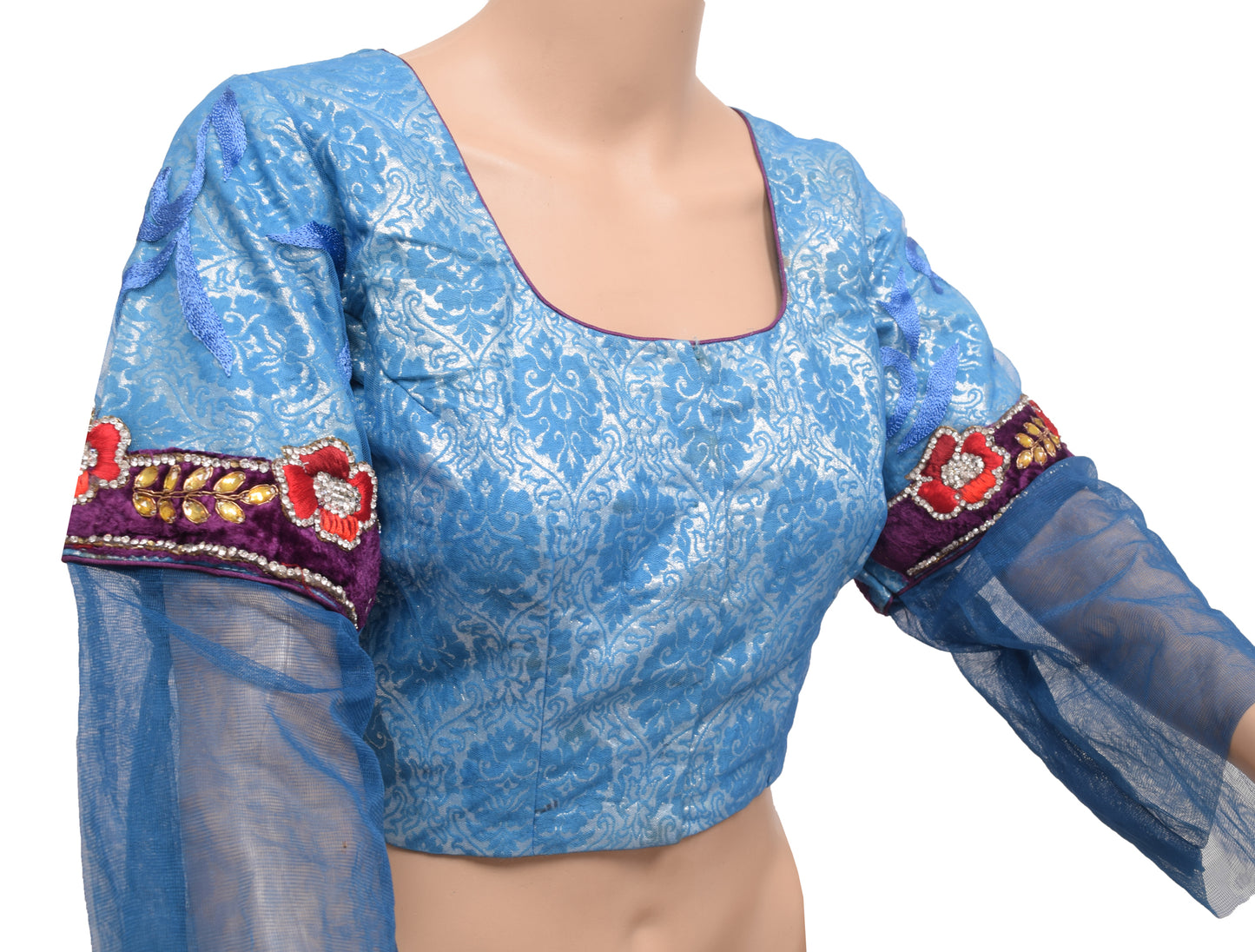 Sushila Vintage Blue Net Readymade Stitched Sari Blouse Hand Beaded Designer Top 40"
