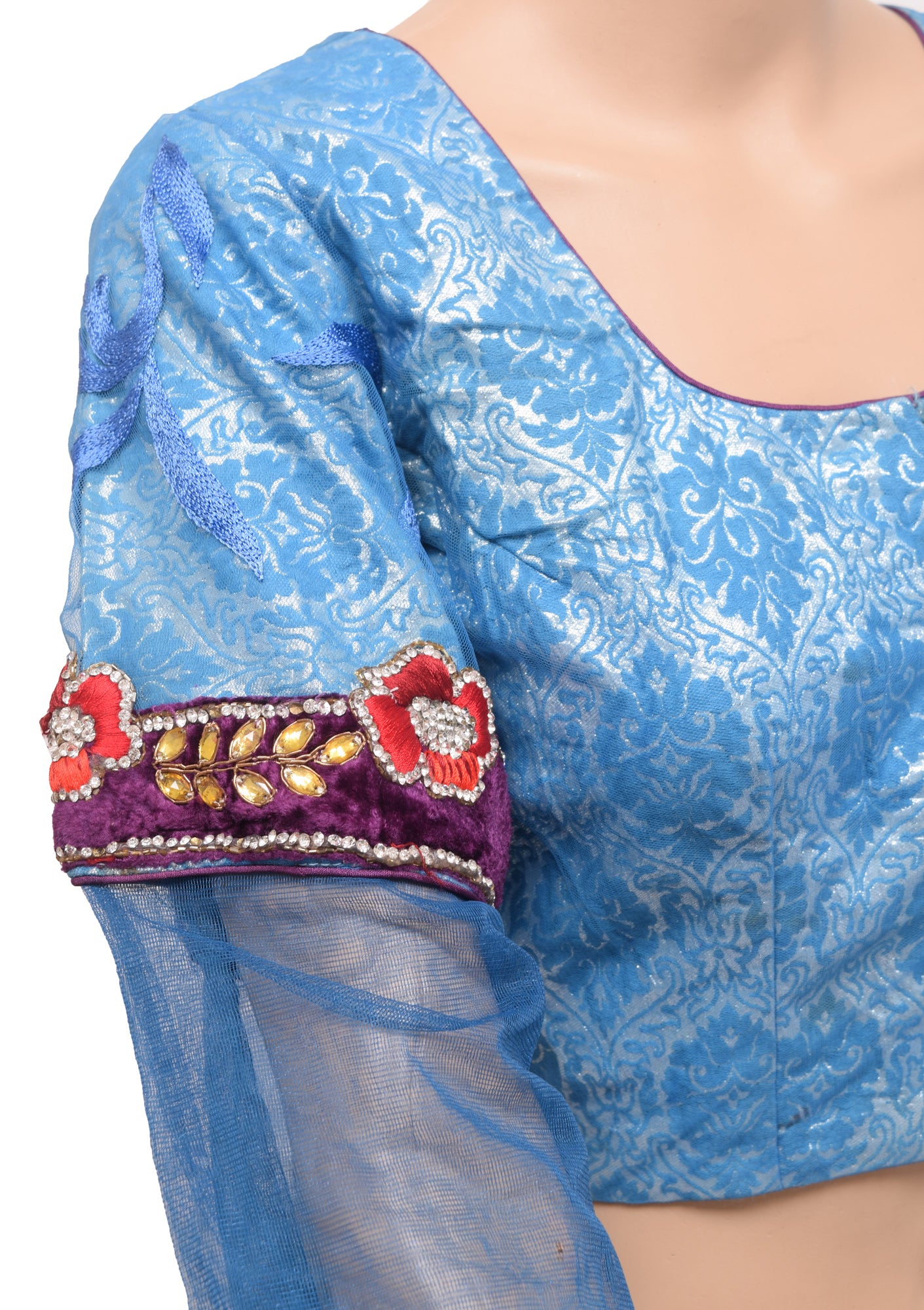Sushila Vintage Blue Net Readymade Stitched Sari Blouse Hand Beaded Designer Top 40"