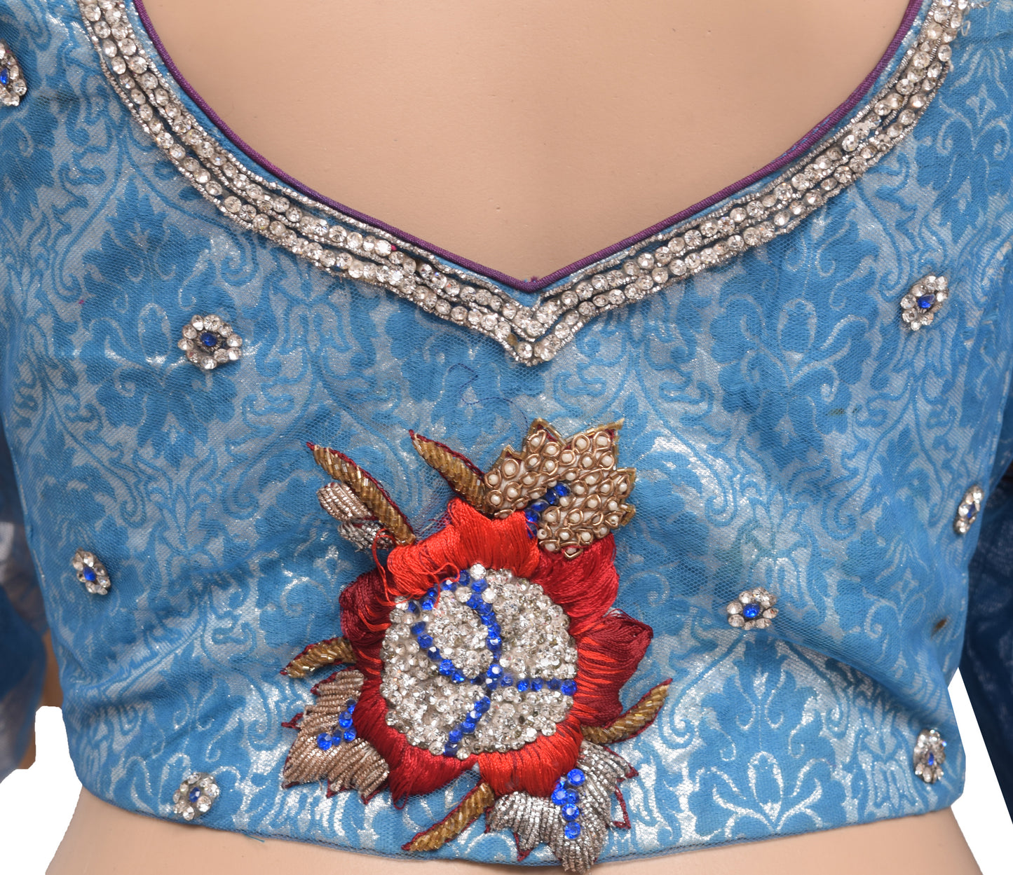 Sushila Vintage Blue Net Readymade Stitched Sari Blouse Hand Beaded Designer Top 40"