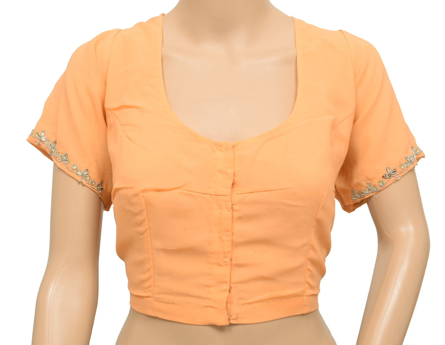 Sushila Vintage Readymade 44"Peach Sari Blouse Georgtte Hand Beaded  Choli