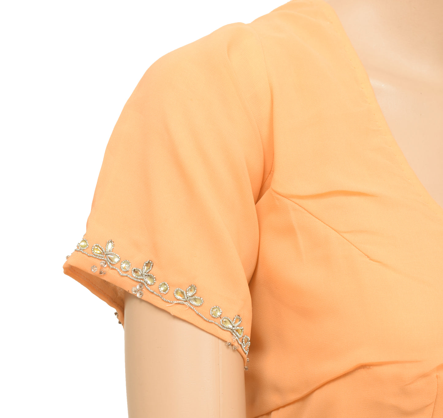 Sushila Vintage Readymade 44"Peach Sari Blouse Georgtte Hand Beaded  Choli