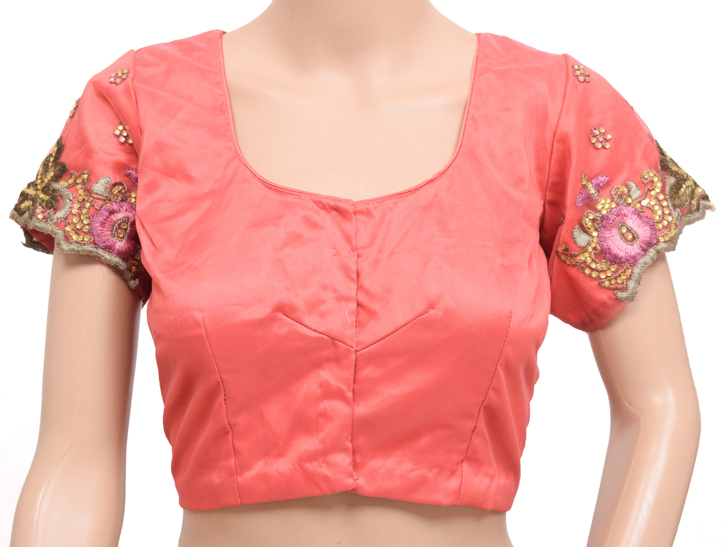 Sushila Vintage Readymade Embroidery Stitched Sari Blouse Peach Net 38" Designer Top