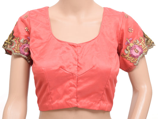 Sushila Vintage Readymade Embroidery Stitched Sari Blouse Peach Net 38" Designer Top