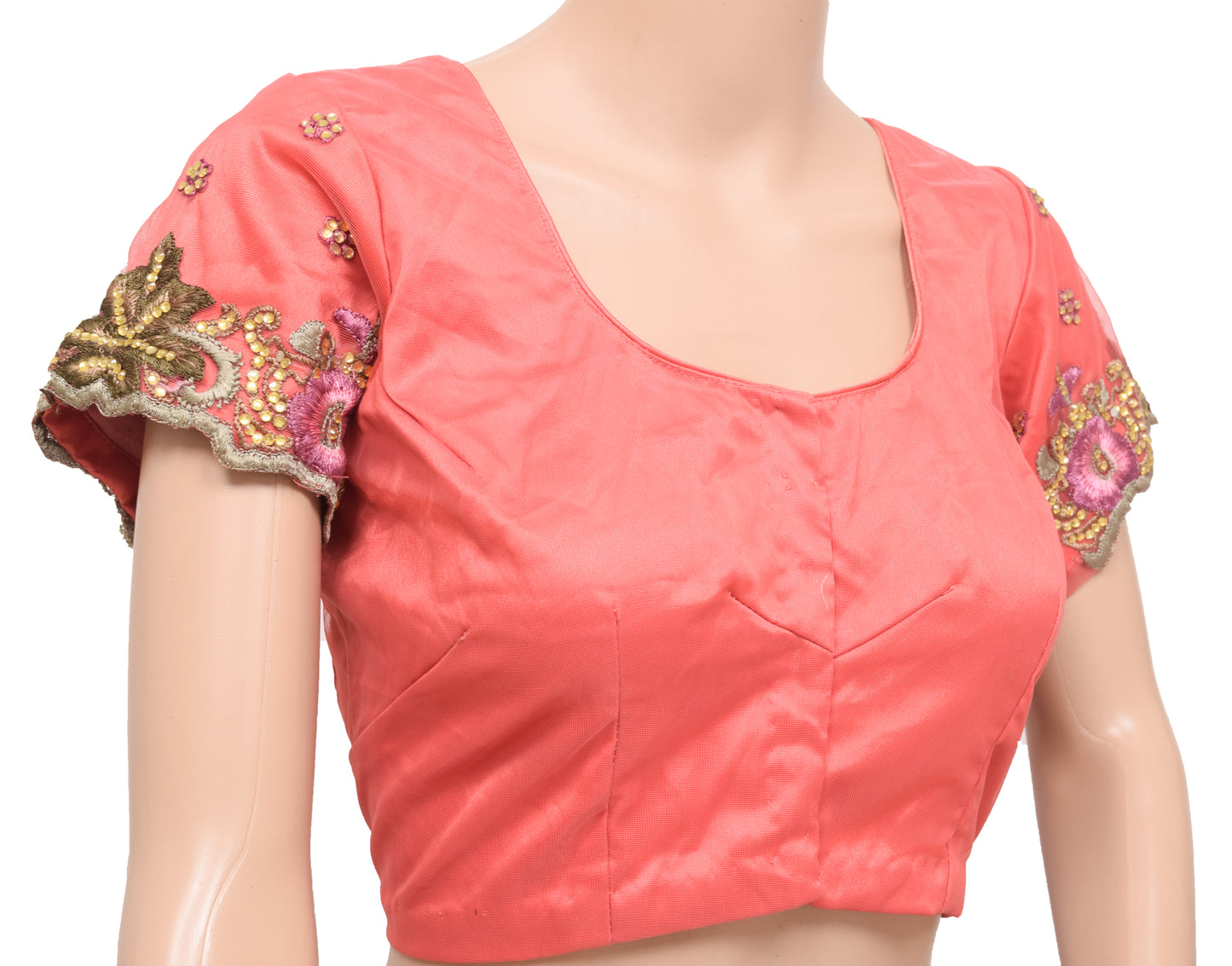 Sushila Vintage Readymade Embroidery Stitched Sari Blouse Peach Net 38" Designer Top