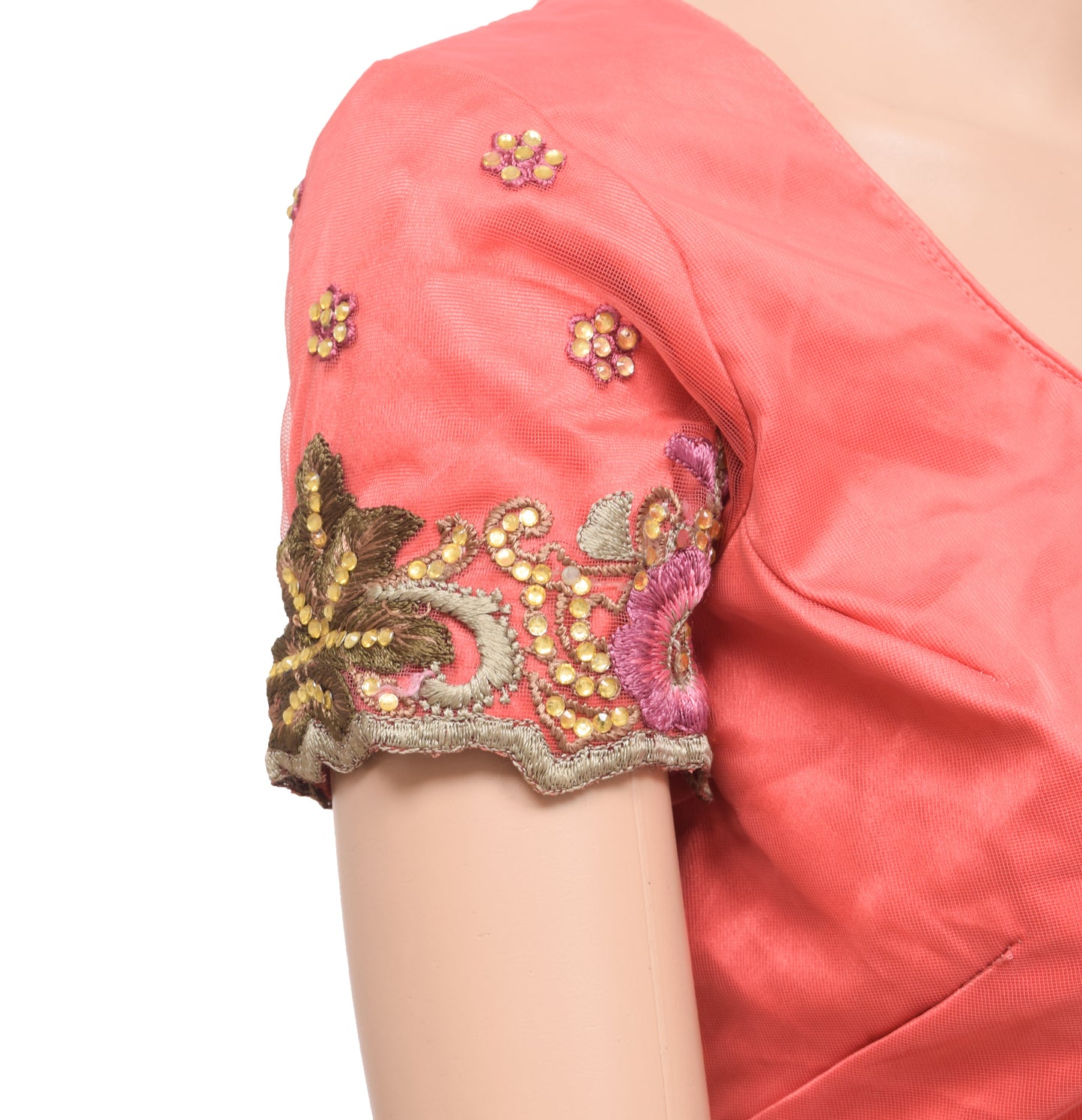 Sushila Vintage Readymade Embroidery Stitched Sari Blouse Peach Net 38" Designer Top
