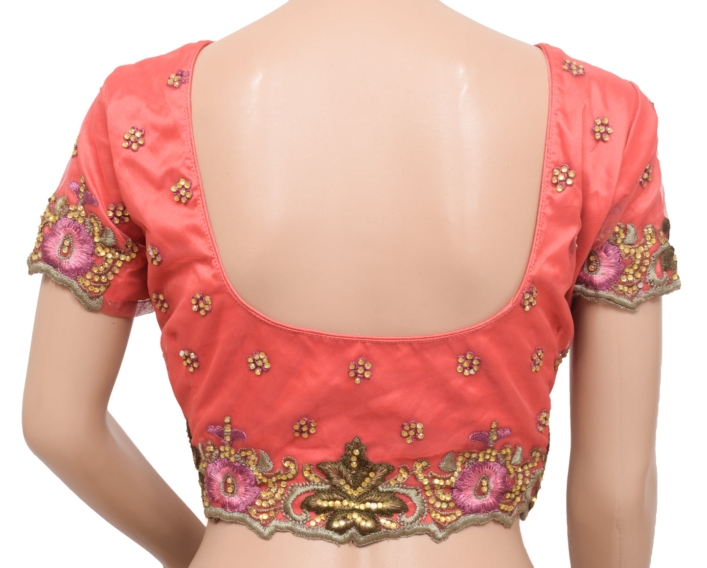 Sushila Vintage Readymade Embroidery Stitched Sari Blouse Peach Net 38" Designer Top