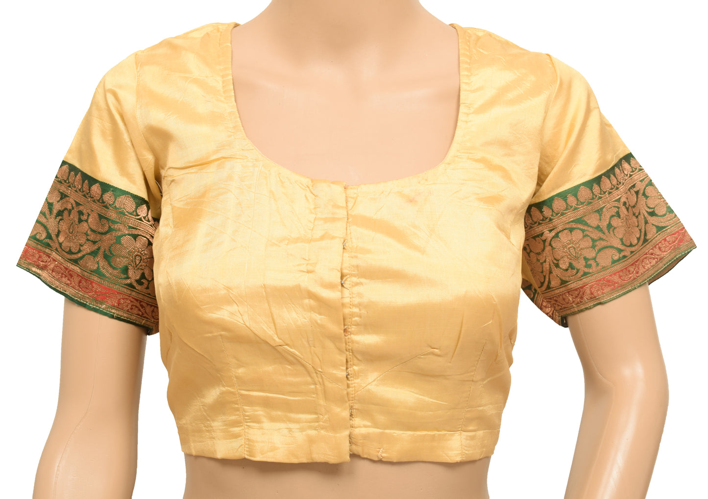 Sushila Vintage 38" Top Readymade Beige Silk Stitched Sari Blouse Woven Designer