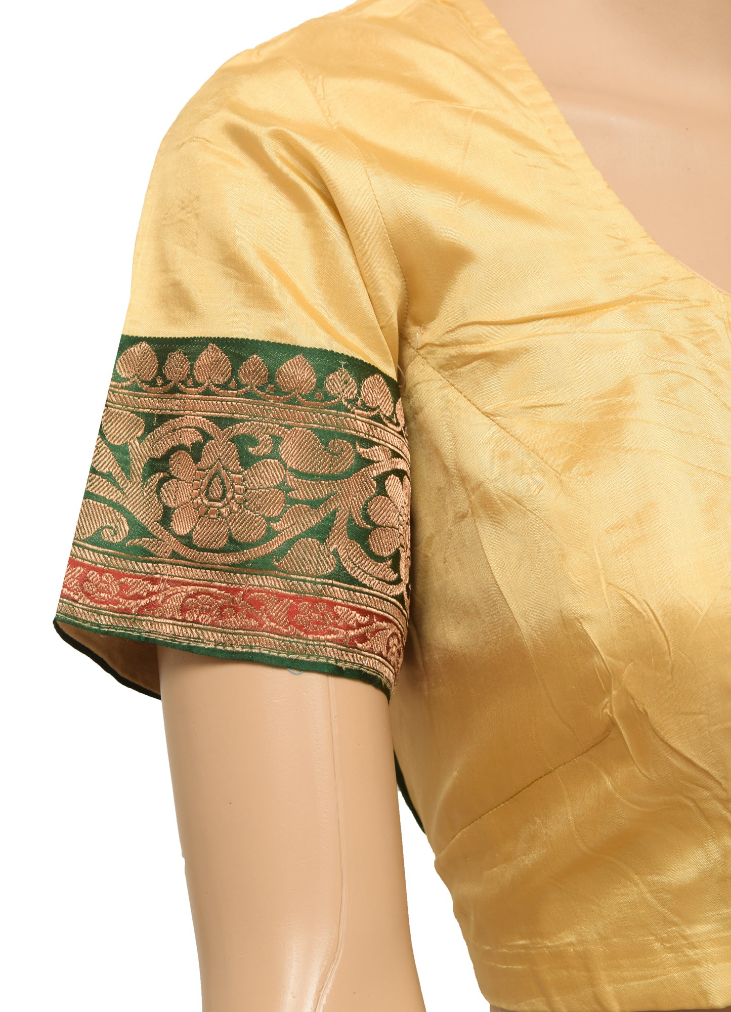 Sushila Vintage 38" Top Readymade Beige Silk Stitched Sari Blouse Woven Designer