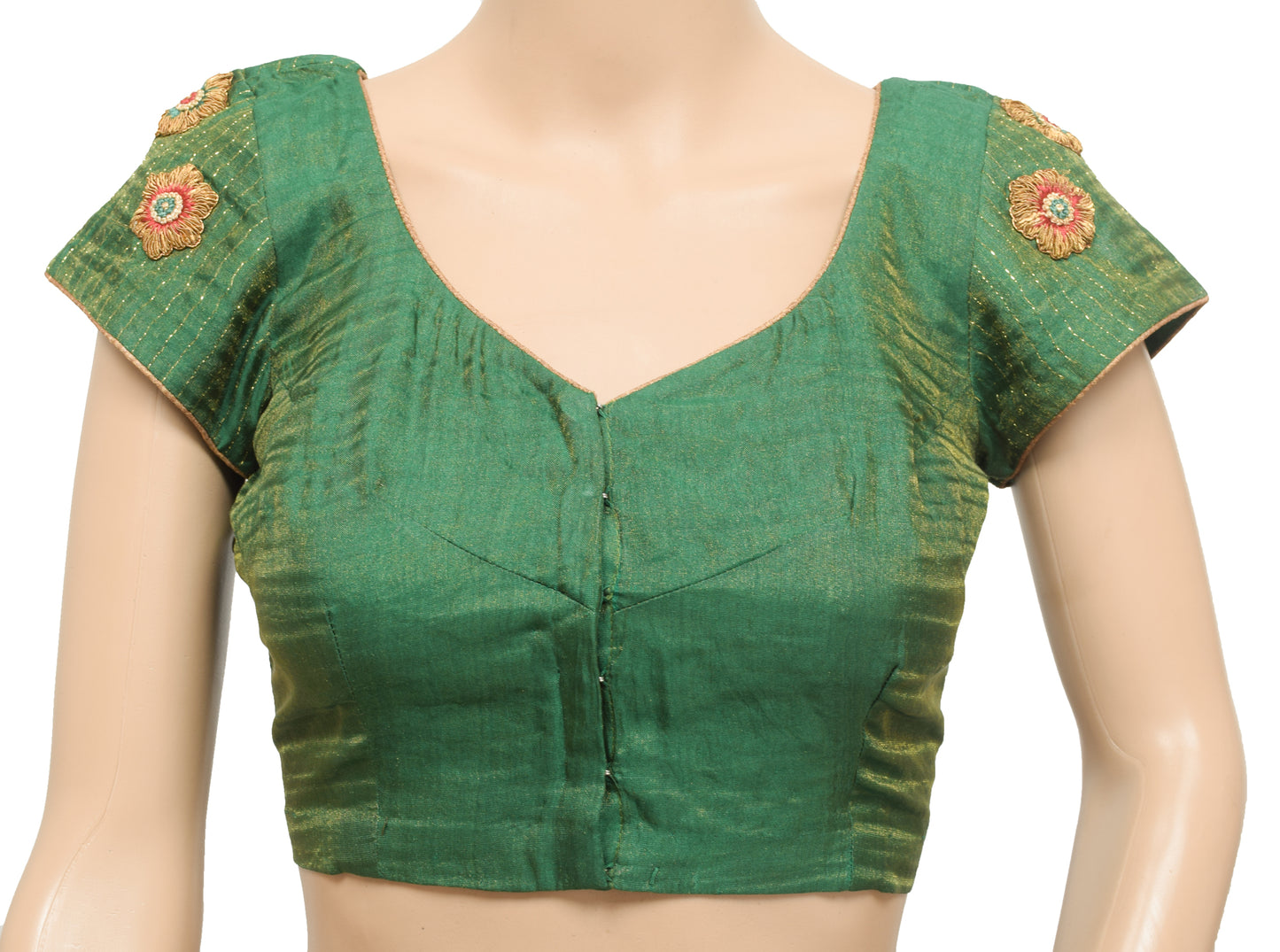 Sushila Vintage Readymade 32" Sari Blouse Green Tissue Woven Designer Choli