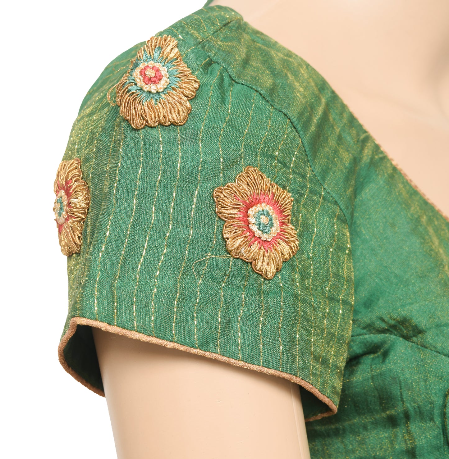 Sushila Vintage Readymade 32" Sari Blouse Green Tissue Woven Designer Choli