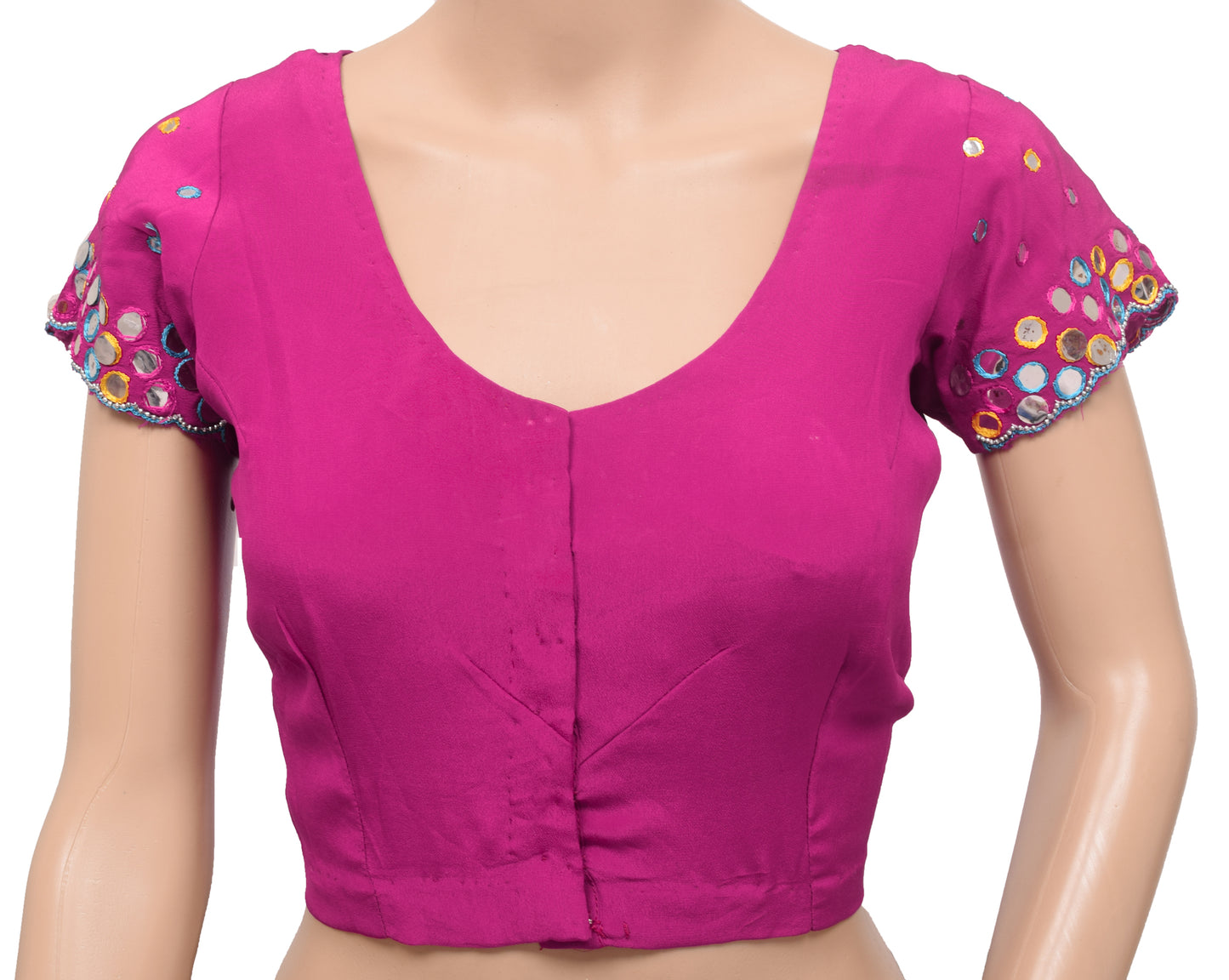 Sushila Vintage Readymade 30"Sari Blouse Magenta Crepe Mirror Work Top