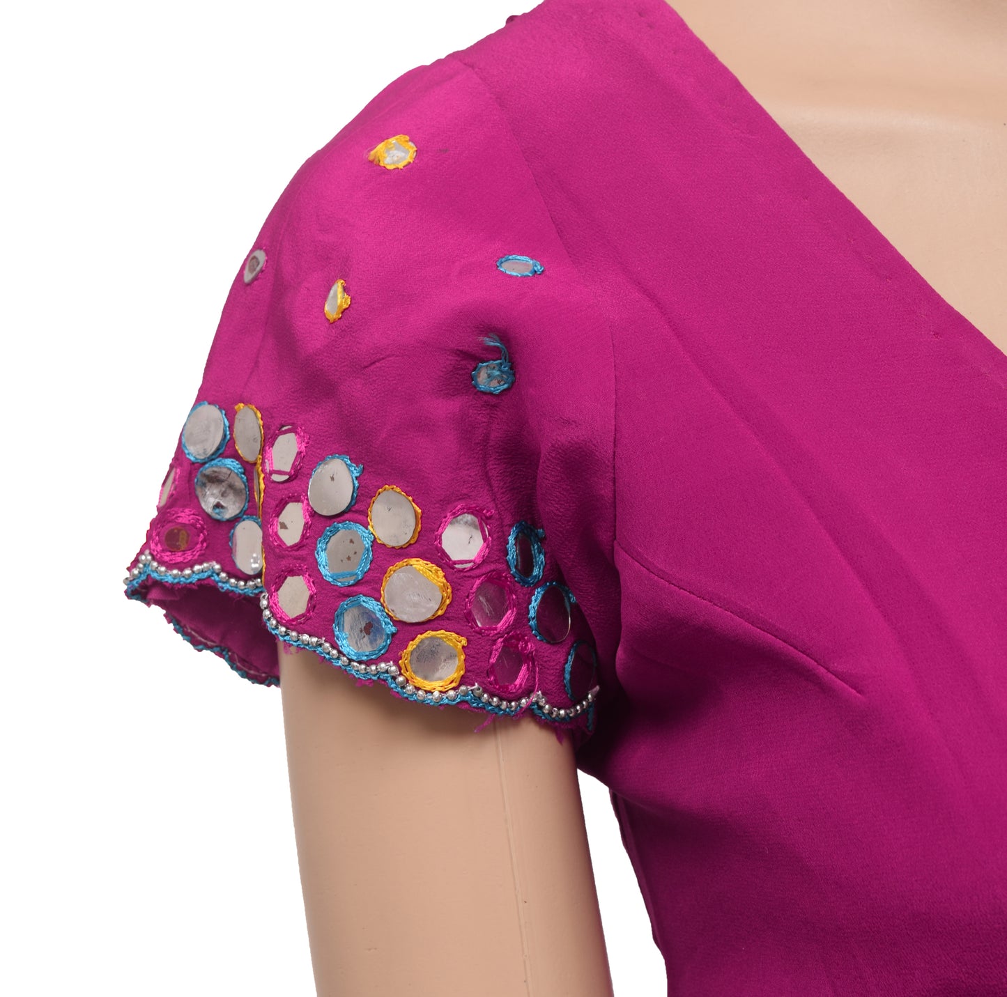 Sushila Vintage Readymade 30"Sari Blouse Magenta Crepe Mirror Work Top
