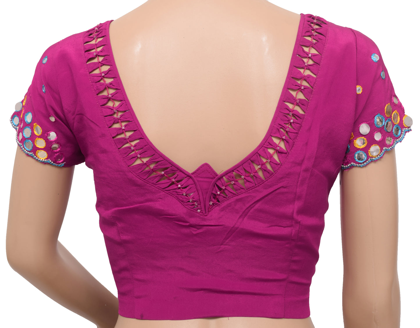 Sushila Vintage Readymade 30"Sari Blouse Magenta Crepe Mirror Work Top