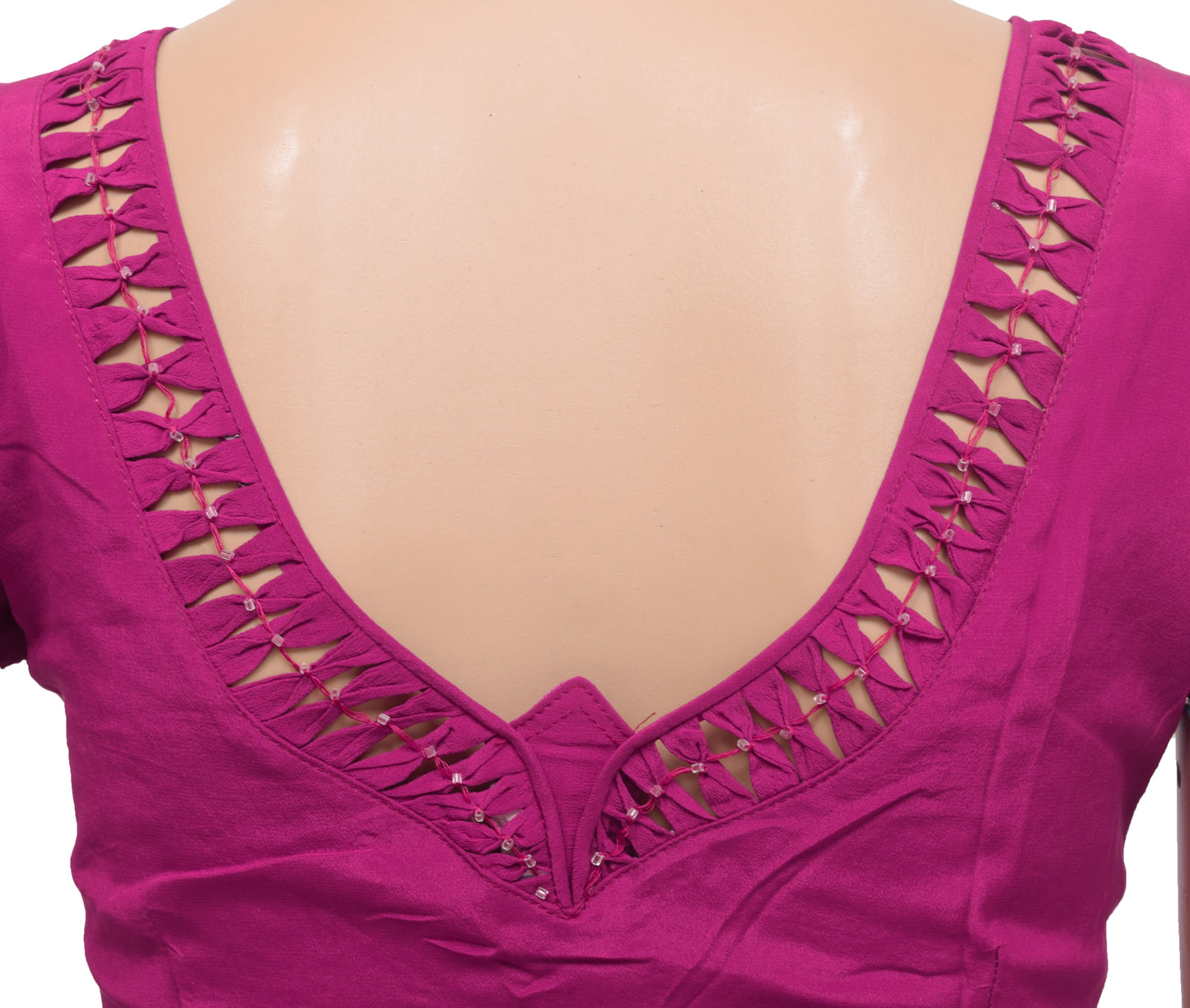 Sushila Vintage Readymade 30"Sari Blouse Magenta Crepe Mirror Work Top
