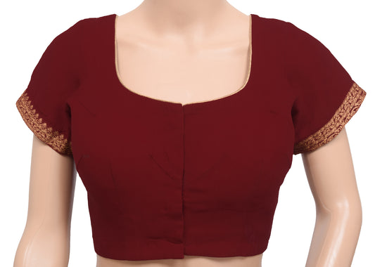 Sushila Vintage Readymade 36"Georgette Sari Blouse Maroon Woven Choli Top