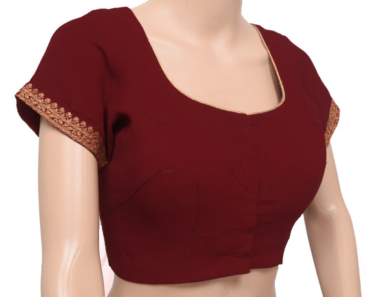 Sushila Vintage Readymade 36"Georgette Sari Blouse Maroon Woven Choli Top