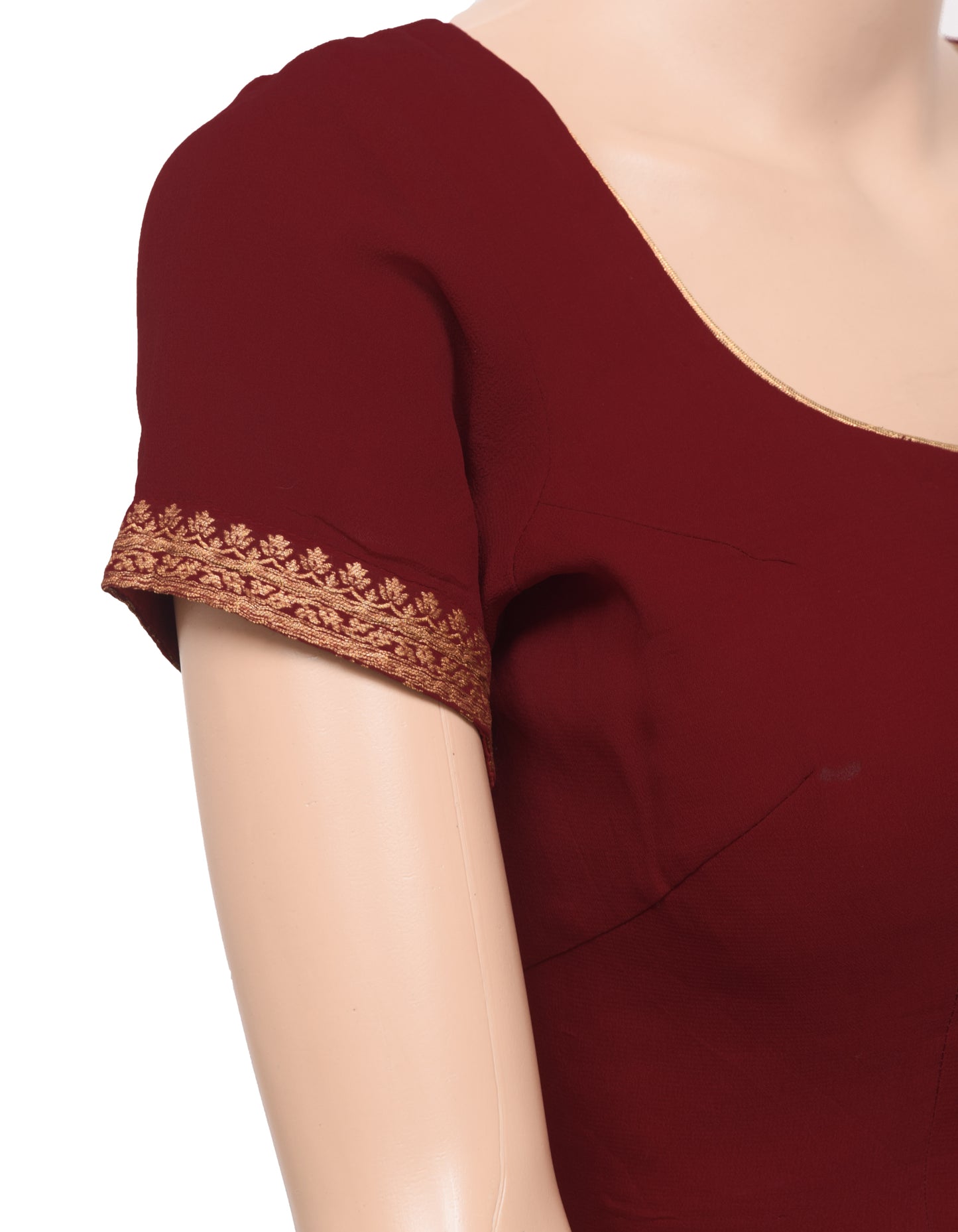 Sushila Vintage Readymade 36"Georgette Sari Blouse Maroon Woven Choli Top