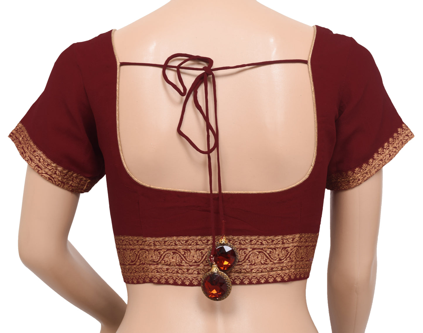 Sushila Vintage Readymade 36"Georgette Sari Blouse Maroon Woven Choli Top