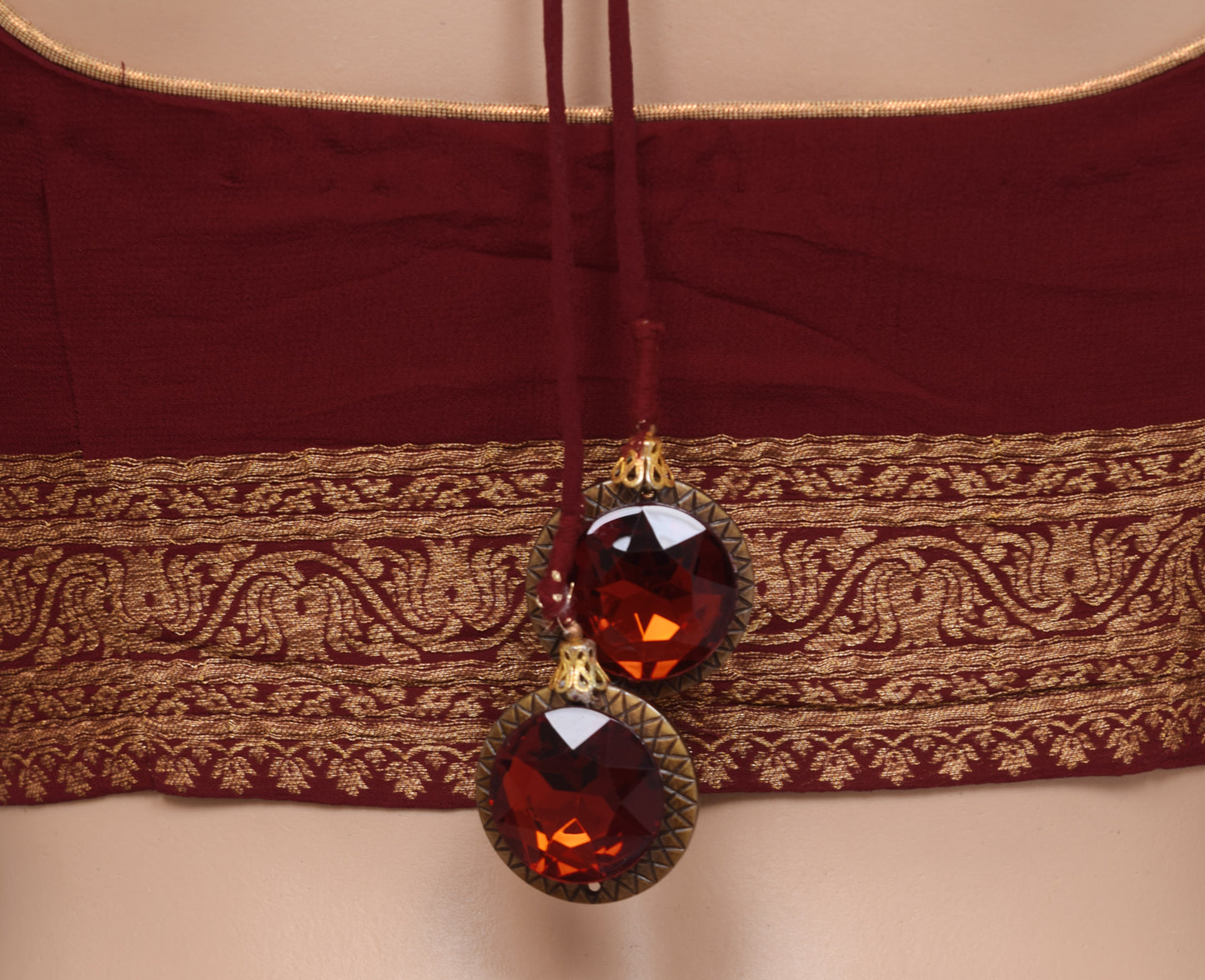 Sushila Vintage Readymade 36"Georgette Sari Blouse Maroon Woven Choli Top