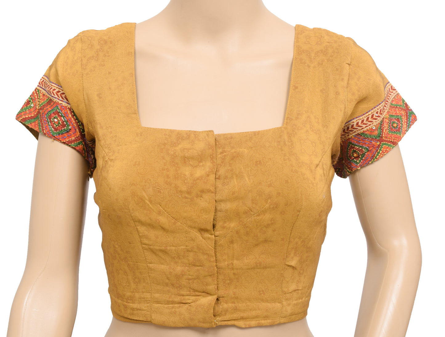 Sushila Vintage Readymade 36"Sari Blouse Mustard Crepe Silk Printed Choli