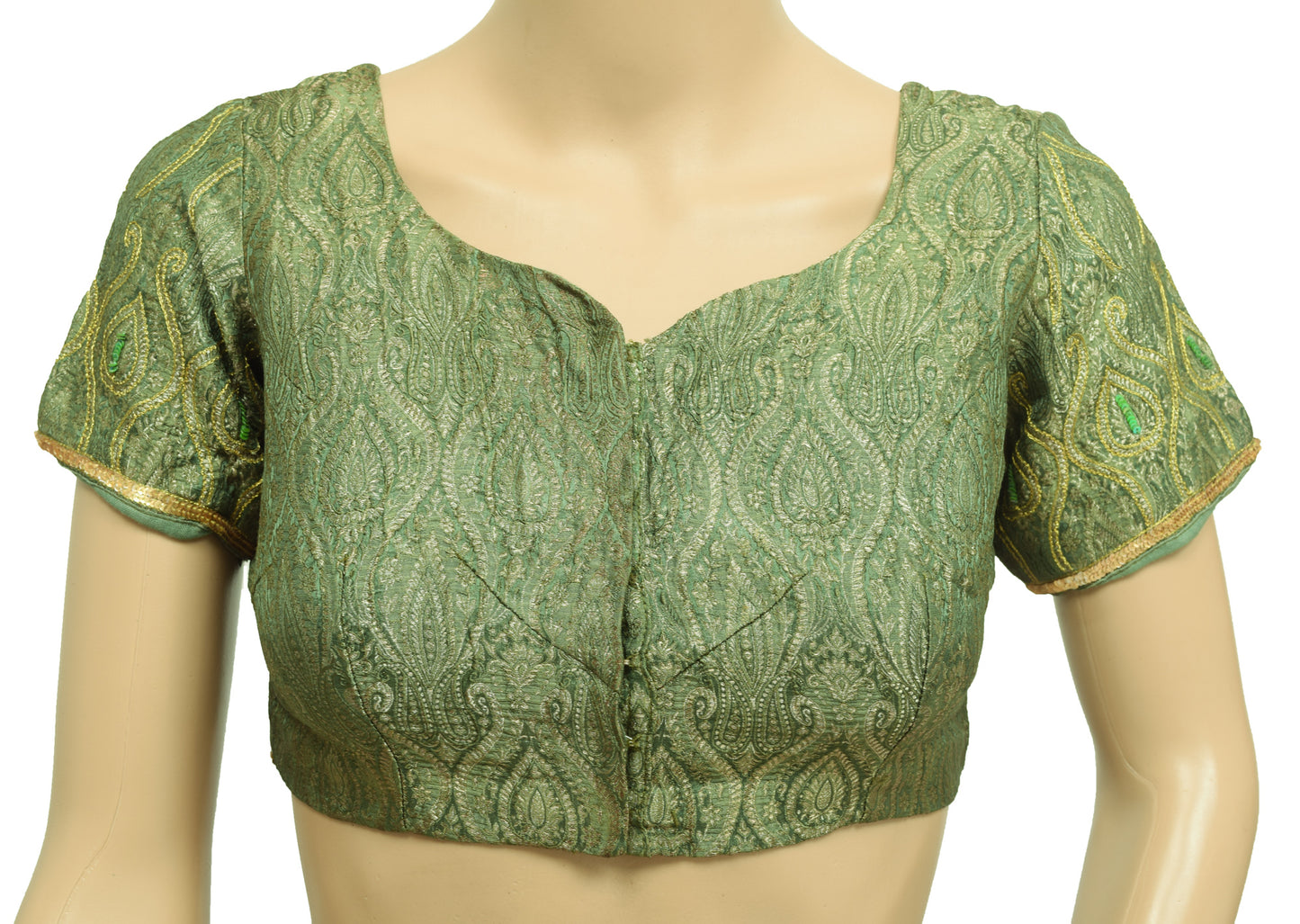 Sushila Vintage 32" Stitched Banarasi Sari Blouse Green Silk Woven Choli