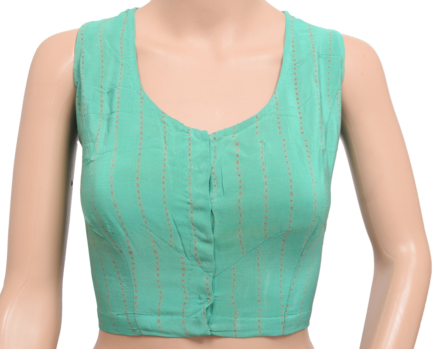 Sushila Vintage Stitched Sleeveles Sari Blouse Aqua Green Printed Crepe Silk 42"Top
