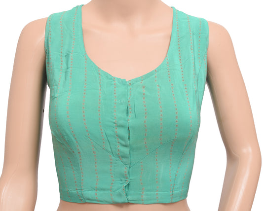 Sushila Vintage Stitched Sleeveles Sari Blouse Aqua Green Printed Crepe Silk 42"Top