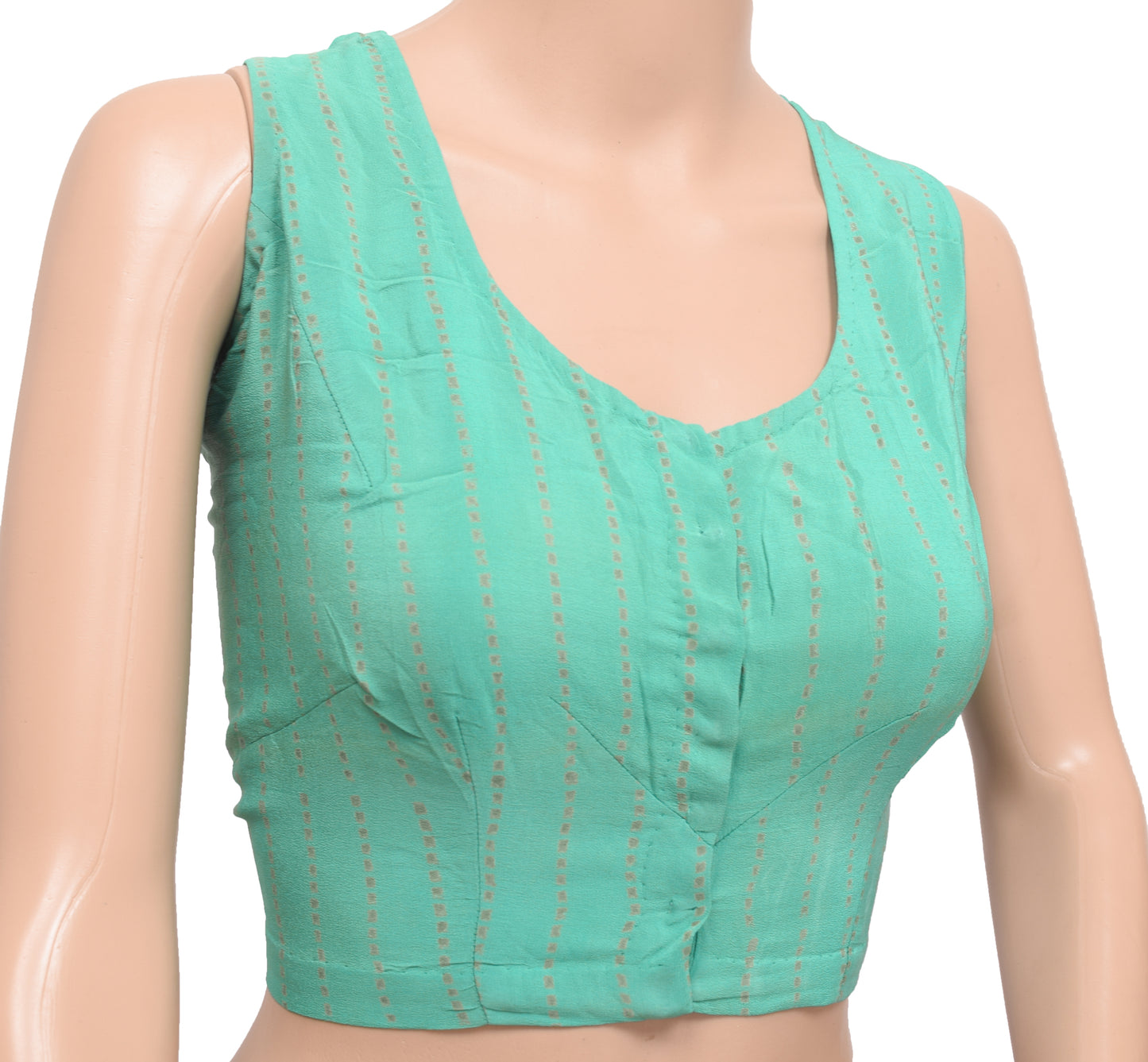 Sushila Vintage Stitched Sleeveles Sari Blouse Aqua Green Printed Crepe Silk 42"Top