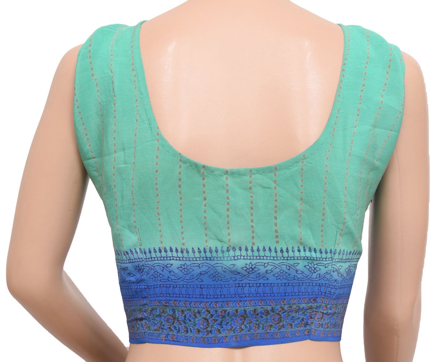 Sushila Vintage Stitched Sleeveles Sari Blouse Aqua Green Printed Crepe Silk 42"Top