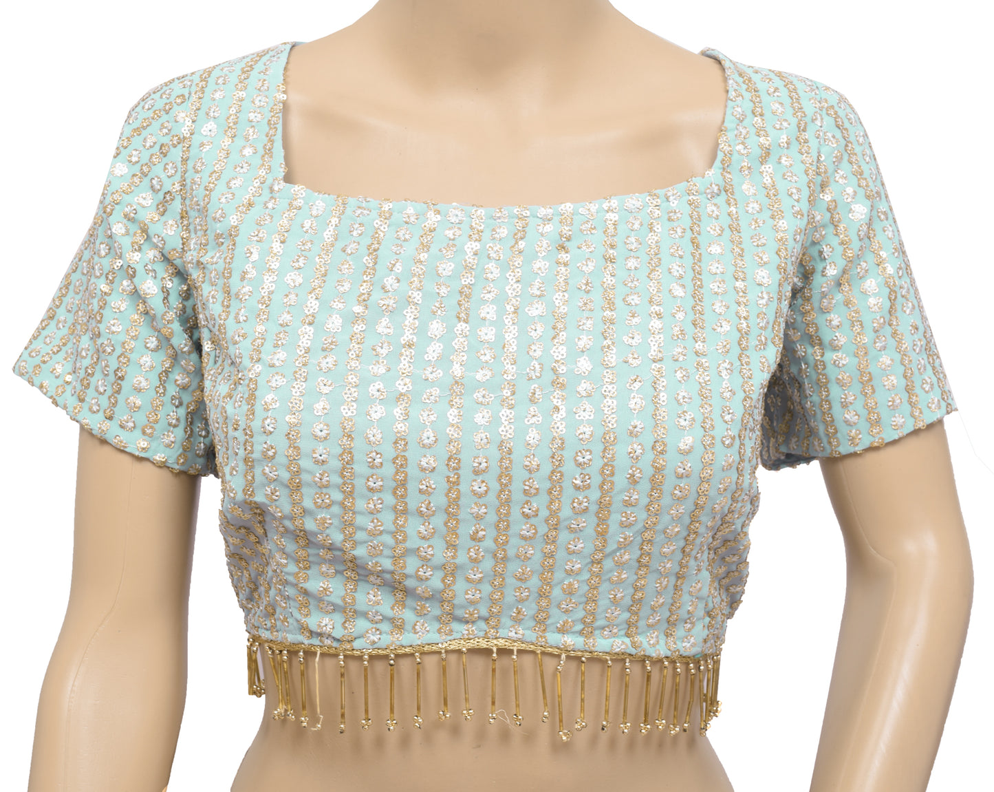 Sushila Vintage Readymade Blue Branded Sari Blouse Hand Beaded Designer Top 34"