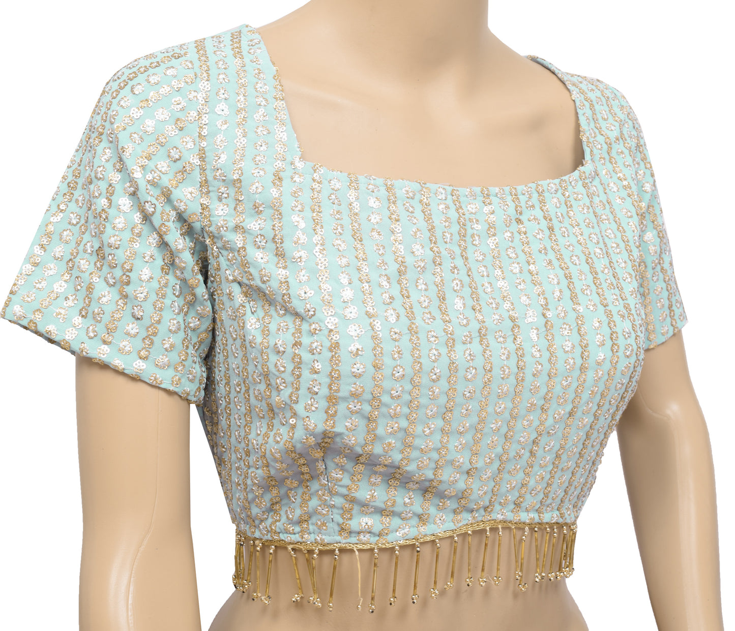Sushila Vintage Readymade Blue Branded Sari Blouse Hand Beaded Designer Top 34"