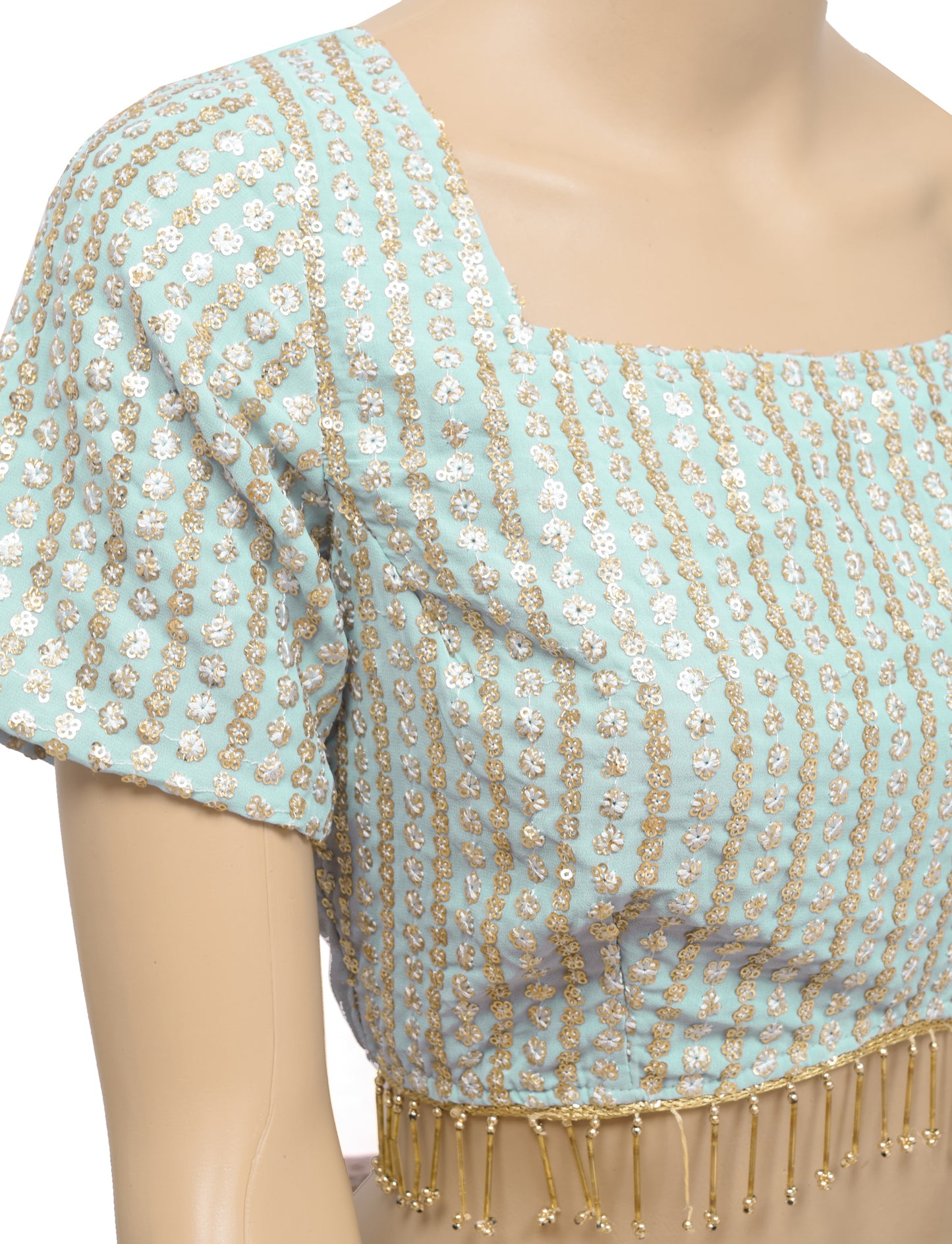 Sushila Vintage Readymade Blue Branded Sari Blouse Hand Beaded Designer Top 34"