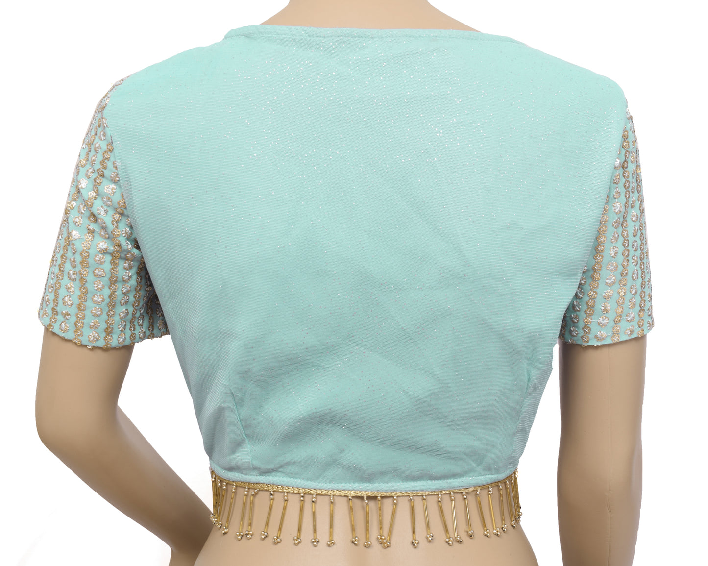 Sushila Vintage Readymade Blue Branded Sari Blouse Hand Beaded Designer Top 34"