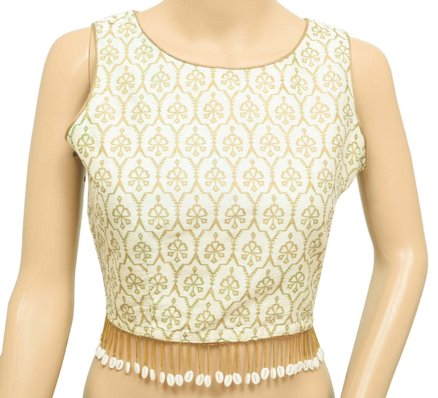 Vintage Readymade Printed Sari Blouse White Sleeveless Branded Silk Top 34"