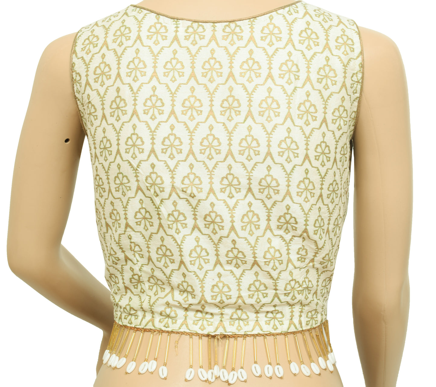 Sushila Vintage White Stitched Silk Sari Round Neck Women Blouse Branded Top 38"