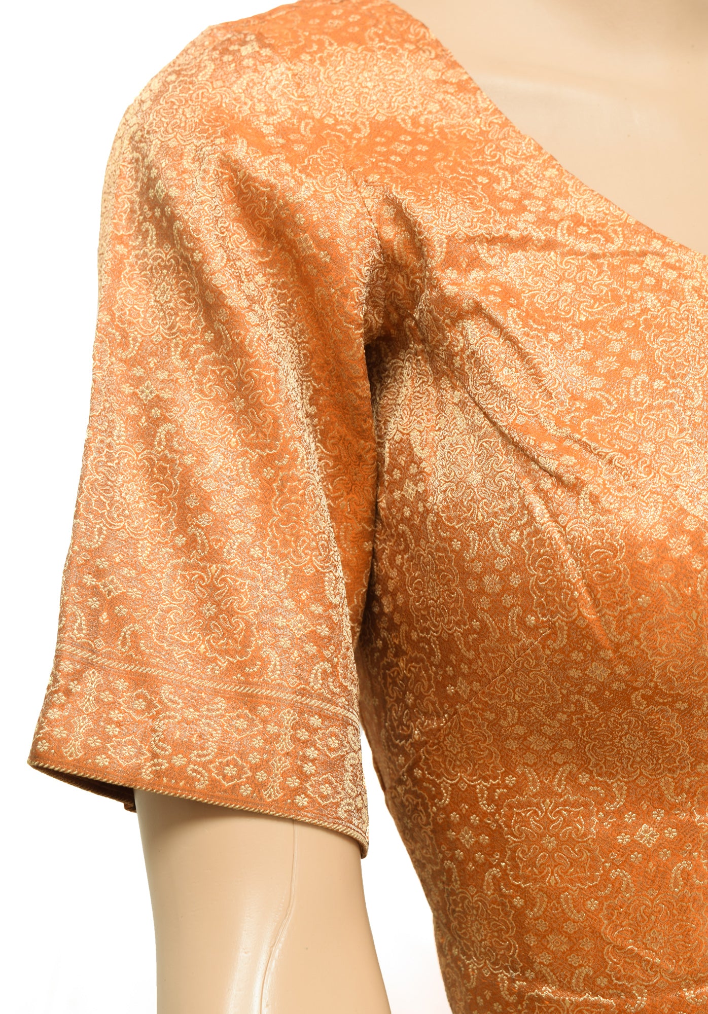 Sushila Vintage Readymade 34"Orange Banarasi Silk Sari Blouse Woven Top