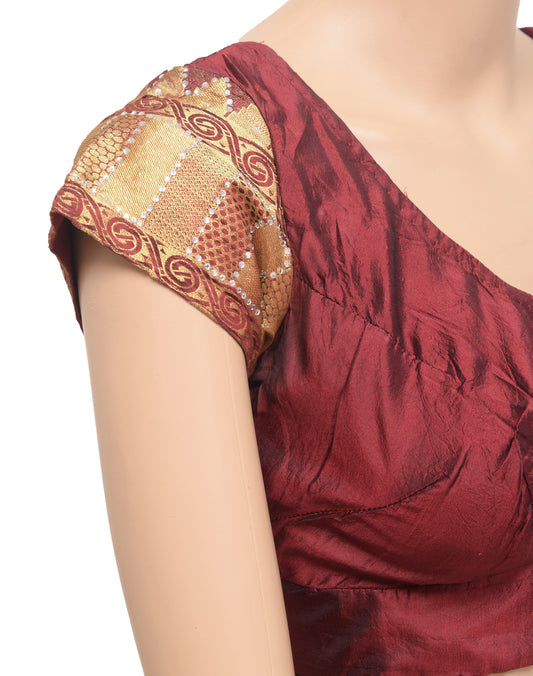 Sushila Vintage Readymade 32" Sari Blouse Maroon Silk Woven Designer Choli