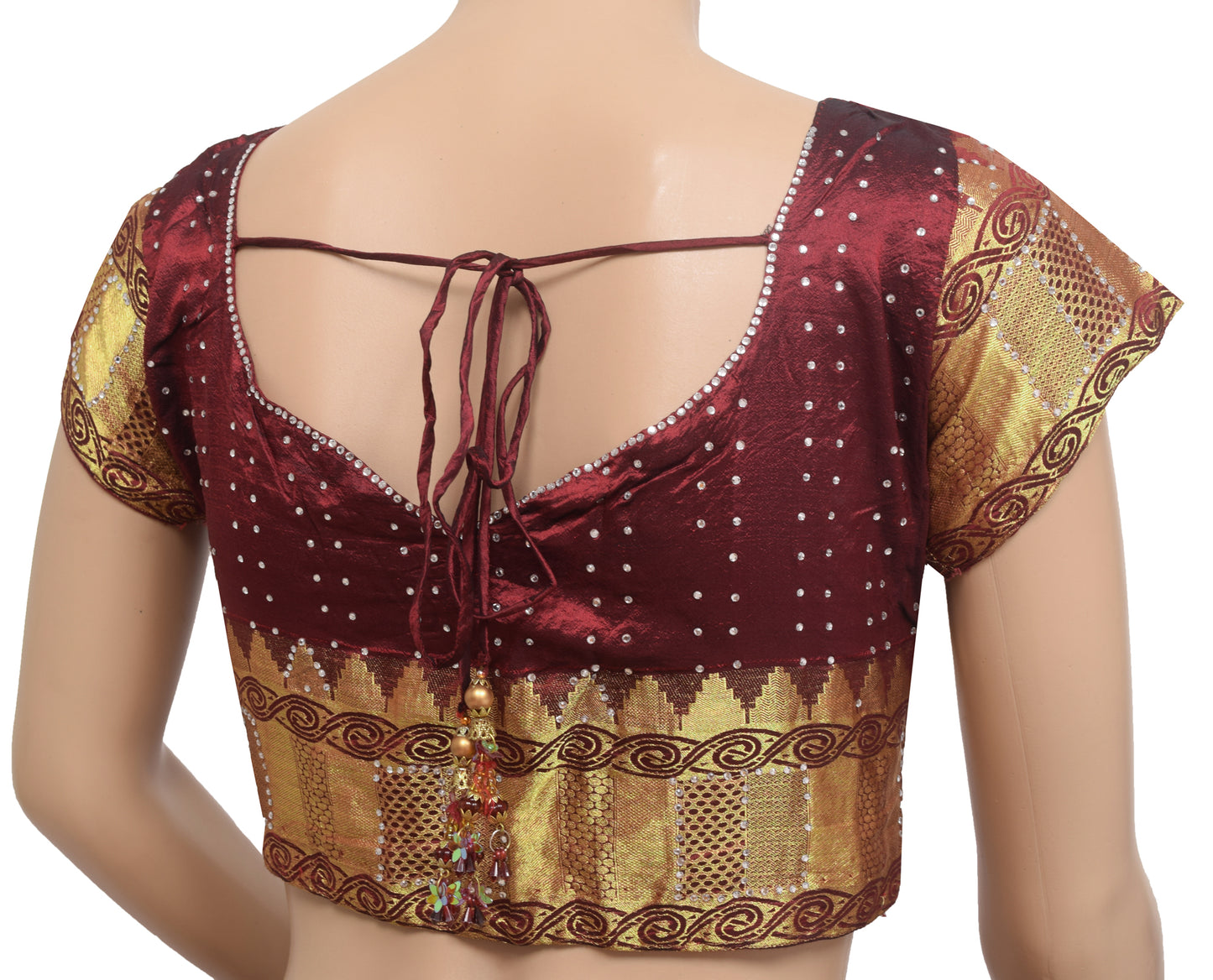 Sushila Vintage Readymade 32" Sari Blouse Maroon Silk Woven Designer Choli